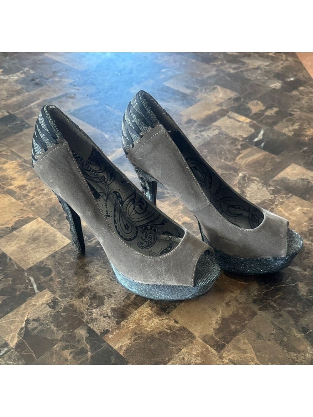 Dollhouse Gray and Black Peep-Toe Heels